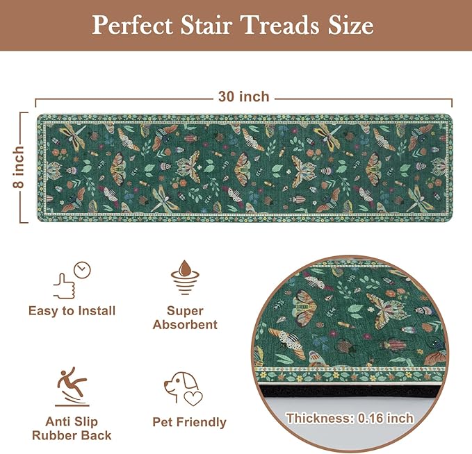 OJIA Insect Print Stair Treads Non Slip 15PCS, 8"x30" Stair Runner for Wooden Steps Indoor, Rubber Stair Mats Residue-Free Staircase Step Treads for Kids, Elders, Pets, Dark Green