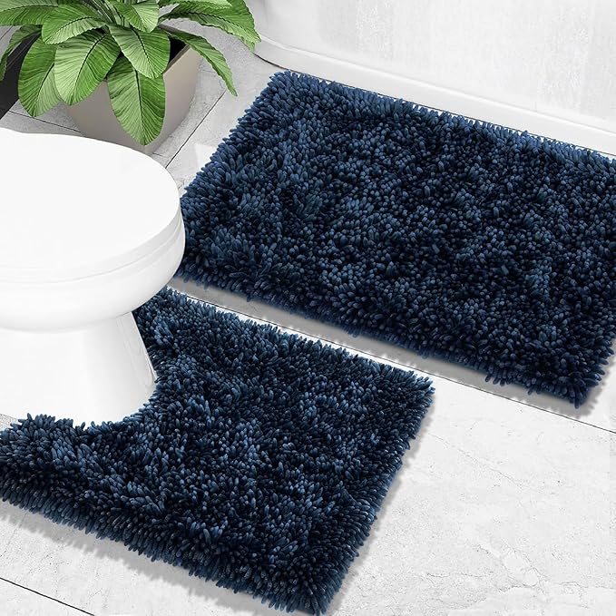 Yimobra Bathroom Rugs Sets 2 Piece, Soft Absorbent Bath Mat and U-Shaped Toilet Rug with Non Slip Backing, Luxury Shaggy Bath Mats for Bathroom, Machine Washable, 31.5"x20"+24"x20", Blue
