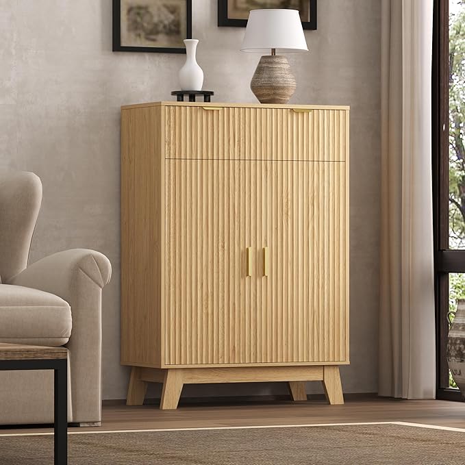 Fluted Shoe Cabinet, 4-Tier Mid Century Modern Narrow Shoe Storage Cabinet with Doors & 2 Drawers, Adjustable Shelves, Freestanding Hidden Shoe Rack Organizer & Wooden Legs for Entryway