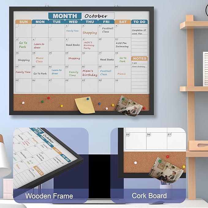 Monthly Calendar Dry Erase Board 24x18 Inch, Double-Sided Whiteboard and Corkboard Combo with Black MDF Frame (Color Calendar), Wall Mounted Planner with Marker, Magnet, Push Pin, Eraser