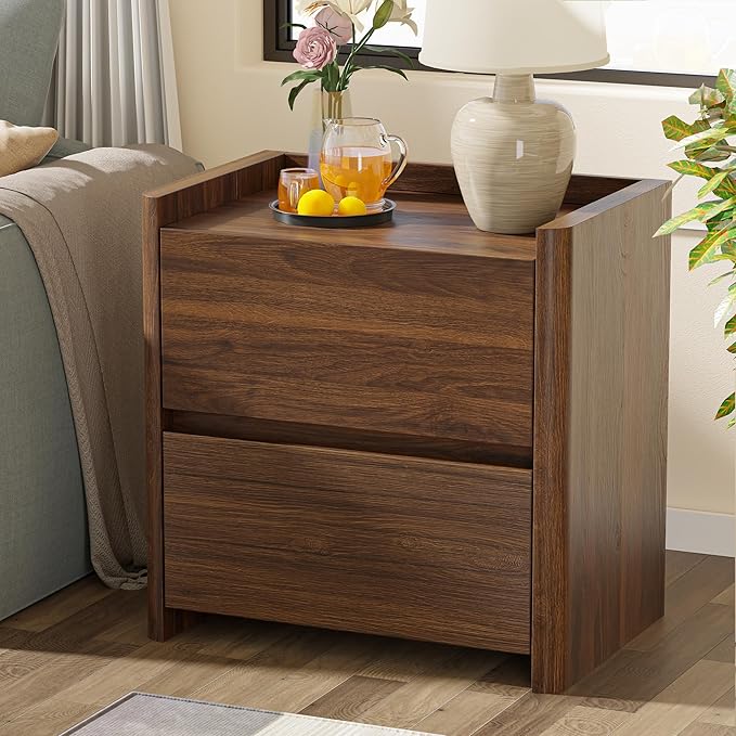 Nightstand with 2 Storage Drawer, Modern End Table for Bedroom with Cut-Out Handle, Large Night Stands for Bedroom, Home Office, Set of 1, Walnut