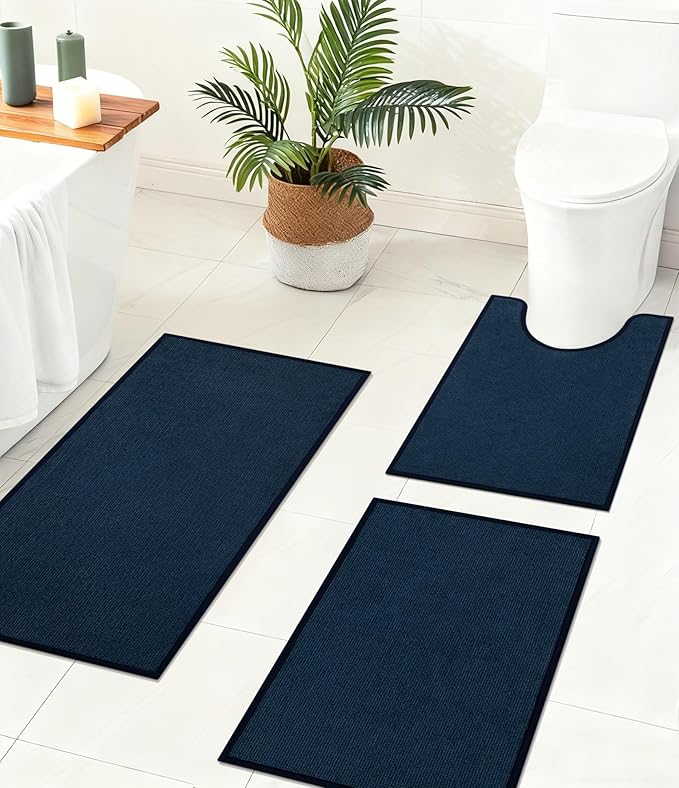 YIHOUSE Bathroom Rugs Mats Sets 3 Pieces, Ultra Thin Bath Mat Absorbent Non Slip Bath Rugs for Bathroom Washable, Shower, Sink, Laundry (Dark Blue, 3 Pieces)