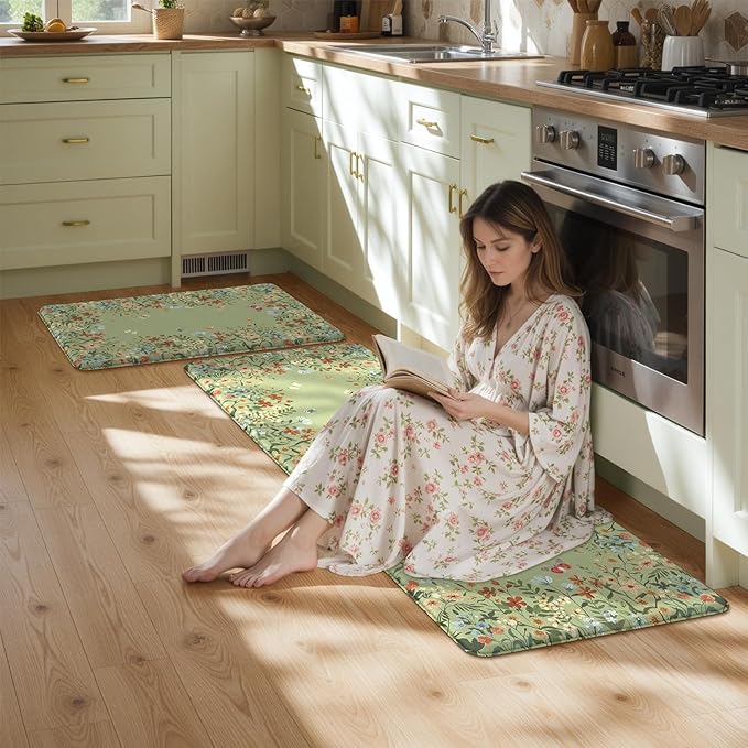 KIMODE Anti Fatigue Kitchen Mats 20"x59"+20"x32", Farmhouse Kitchen Rugs Sets of 2, Cushioned Non Skid Kitchen Mats for Floor, Comfort Kitchen Floor Mats for Sink Laundry Desk Sage Green