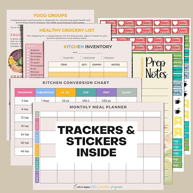 Life & Apples Meal Planner with Grocery List – Undated Weekly Menu & Meal Prep Notebook for Women & Men, Healthy Eating & Weight Loss Planner, 52-Week Spiral Bound Journal, Retro