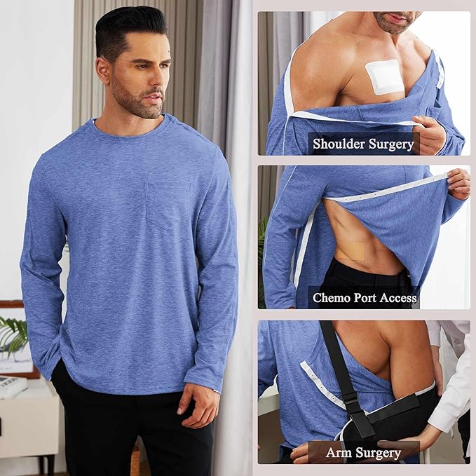 Deyeek Men's Post Shoulder Surgery Recovery Shirts Full Tear Away Long Sleeve Snap Chemo Port Access Shirt