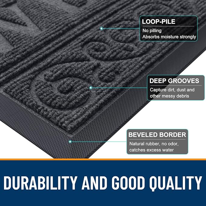 OLANLY Welcome Door Mat Indoor Outdoor Entrance, Heavy Duty Sturdy Front Door Mat, Waterproof All-Weather Doormat, Stain Resistant, Low Profile, Easy Clean Patio Entryway Mat, 36 x 24, Medium Grey