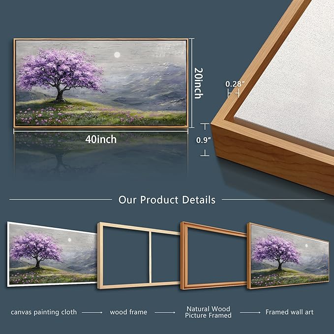 FUHAIHUA Wood Framed Canvas Wall Art For Living Room Wall Decor For Bedroom Office Wall Decoration Purple Tree Painting Farmhouse Pictures Artwork Room Aesthetic Home Decor 20x40 In
