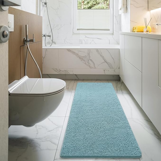 LOCHAS Luxury Bathroom Rug Shaggy Bath Mat 24 x 70 Inch, Washable Non Slip Bath Rugs for Bathroom Shower, Soft Plush Chenille Absorbent Carpets Mats, Spa Blue