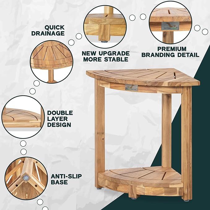 Acacia Wood Corner Shower Stool - Waterproof Triangular Bathroom Bench with Storage Shelf & Soap Dish for Shaving, Light Natural Wood (17.9x12.7x16.5)