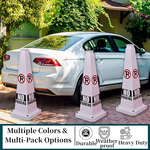 BESEA No Parking Cone 3 Pack, 28" No Parking Sign Cone with Weighted Base, White 4-Sided “ NO Parking” Warning Cone for Driveways Business Parking Lots Garages Indoor/Outdoor