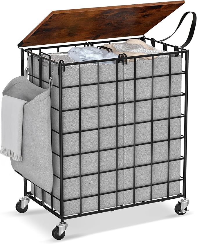 Laundry Basket with Wheels, Heavy Duty Laundry Sorter 2 Sections, Large Capacity 120L Laundry Hamper with Wood Lid, 360 Rolling Wheels, Extra Side Pocket, Leather Pull Handle (Grey)