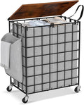 Laundry Basket with Wheels, Heavy Duty Laundry Sorter 2 Sections, Large Capacity 120L Laundry Hamper with Wood Lid, 360 Rolling Wheels, Extra Side Pocket, Leather Pull Handle (Grey)