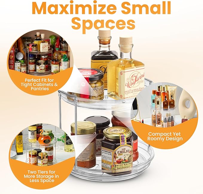Oizeir Clear Two Tier Lazy Susan Organizer - Rotating Spice Rack Turntable for Kitchen Cabinet, Countertop, Bathroom or Dining Table. Spinning Carousel Racks for Counter and Pantry Cabinet Storage