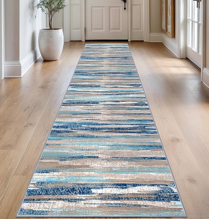 Modern Abstract Runner Rug 2.6x14, Blue Washable Long Kitchen Runner Non-Slip Soft Hallway Rug Runner Thin Print Faux Wool Carpet for Entryway Bedroom Laundry Room Indoor Home Decor