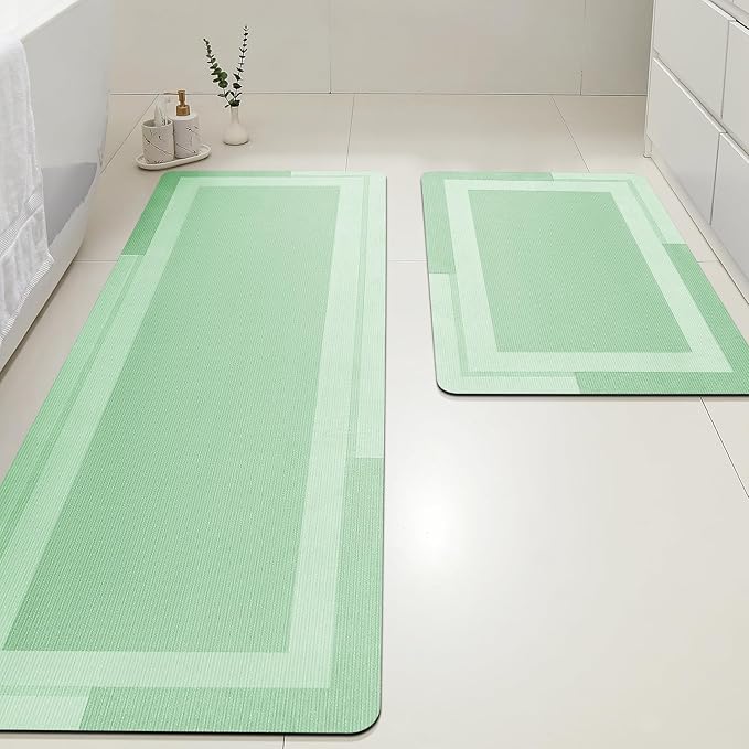Ultra Thin Bath Mat, Upgrade Backing Non Slip Thin Bath Mats Fit Under Door, Quick Dry Ultra Absorbent Bathroom Rugs, Machine Washable Bath Rugs for Bathroom, Sage Green/Bordered/24"x17"+48"x20"