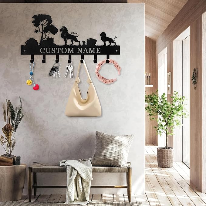 Personalized Key Holder Wall Mount, Black Metal Key Hanger Adhesive Key Rack Organizer with Lion Design, Key Hooks Wall Decorative for Living Room, Entryway, Doorway, Hallway, Garage