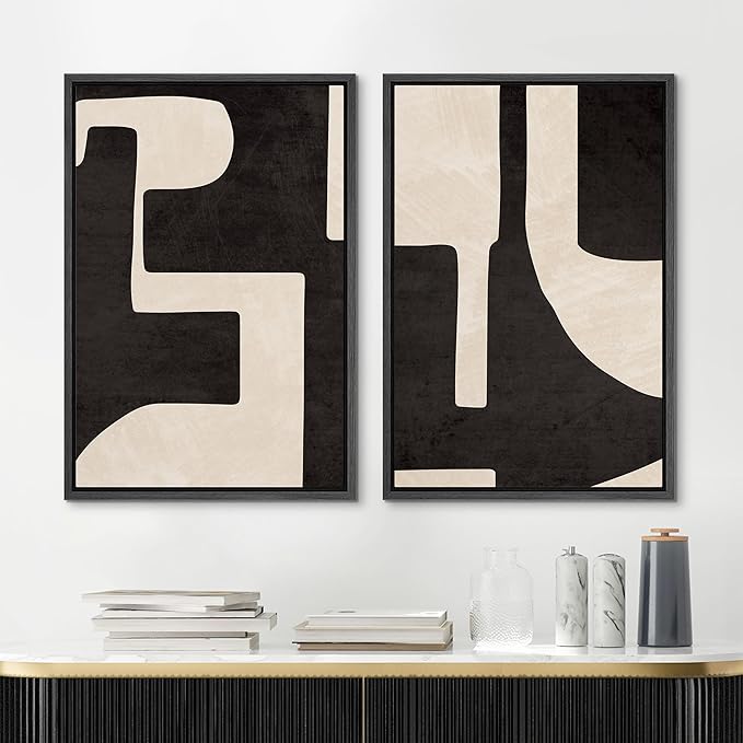 MUDECOR Framed Canvas Print Wall Art Black & White Geometric Paint Stroke Decor Abstract Nature Illustration Modern Art Decorative Multicolor Geometric Minimal for Bedroom - 16"x24"x2 Black