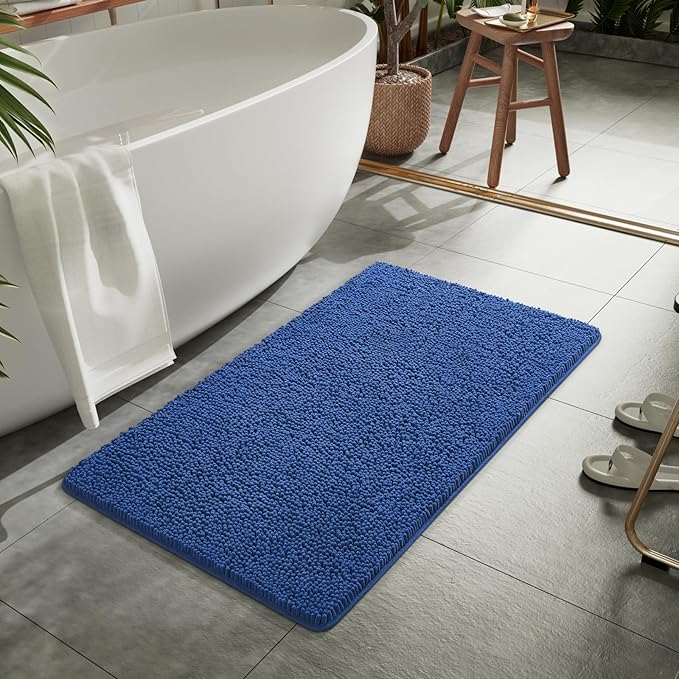 LOCHAS Luxury Bathroom Rug Shaggy Bath Mat 24 x 44 Inch, Washable Non Slip Bath Rugs for Bathroom Shower, Soft Plush Chenille Absorbent Carpets Mats, Blue