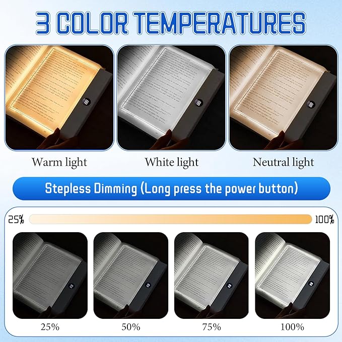 Book Light, Rechargeable Clear LED Flat Reading Light with 3 Colors & Timer, Dimmable Panel Plate Lamp Book Full Page Light for Reading in Bed at Night, for Women Readers Kids Book Lovers (Black)