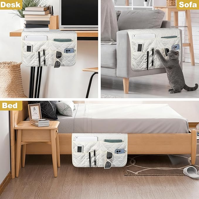 Remote Control Holder for Recliner,Armchair Caddy,Non Slip Sofa Armrest Storage Organizer for Recliner Couch with 6 Pockets for TV Remote,Cell Phone,Magazine (Off-White)