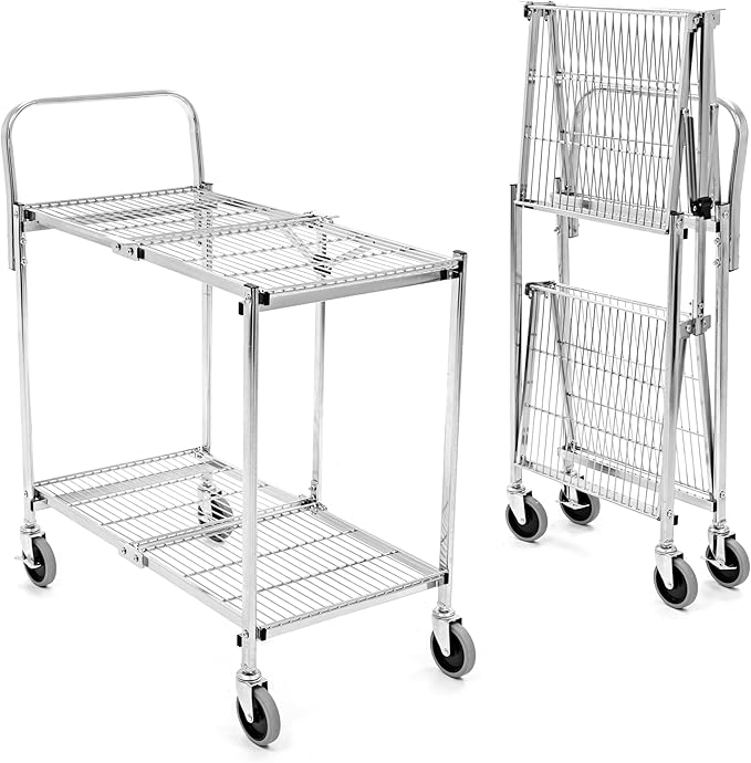 Stand Steady Original Tubstr Collapsible 2 Shelf Wire Cart, Easy to Push Heavy Duty Rolling Utility Cart, Folds Up for Storage, Commercial Grade (Chrome, 33.56” D x 18” W x 37.16” H)