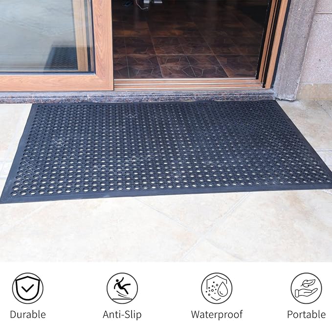 2 Pack Rubber Floor Mats 60”x36” - Heavy-Duty Non-Slip Kitchen Mat & Bar Floor Mat with Drain Holes, Odorless for Entrance, Restaurant, Indoor Outdoor