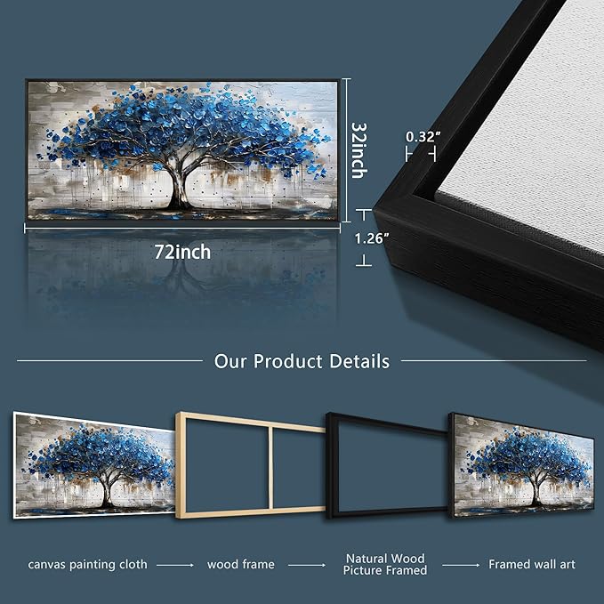 Lapremoly Framed Wall Art For Living Room Tree of Life Canvas Prints Extra Large Wall Decorations Blue Artwork For Walls Forest Pictures Abstract Paintings for Bedroom Office Modern Home Decor 32X72