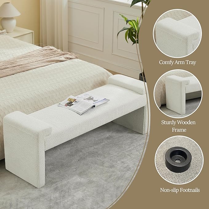 58.7" End of Bed Bench Upholstered Modern Bedroom Bench for Living Room & Entryway, Easy Assembly, Footrest Ottoman Accent Window Bench with Solid Wood Frame & Curved Arm, White