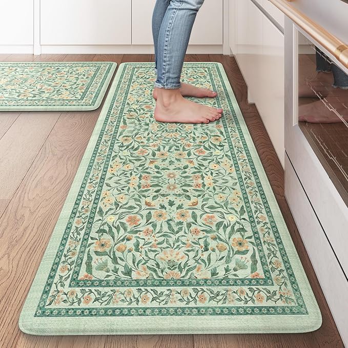 KIMODE Anti Fatigue Kitchen Mats for Floor 2 Piece, Boho Floral Kitchen Rugs Non Slip, Memory Foam Kitchen Floor Mats, Ergonomic Standing Mats for Sink Laundry Office Desk Green 20"x47"+20"x32"