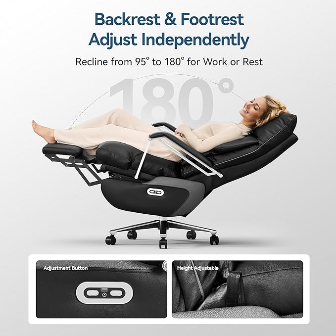 M80A Dual Motor Electric Executive Office Chair with Footrest, Comfortable Reclining Office Chair Wide Seat, Big and Tall Ergonomic Leather Home Office Desk Chair (Black,No Massage)