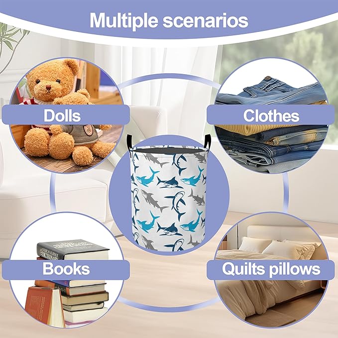 Cute Blue White Shark Laundry Hamper Large Canvas Fabric Lightweight Storage Basket/Dirty Clothes Collapsible Waterproof for College Dorms, Boys and Girls Bedroom,Bathroom