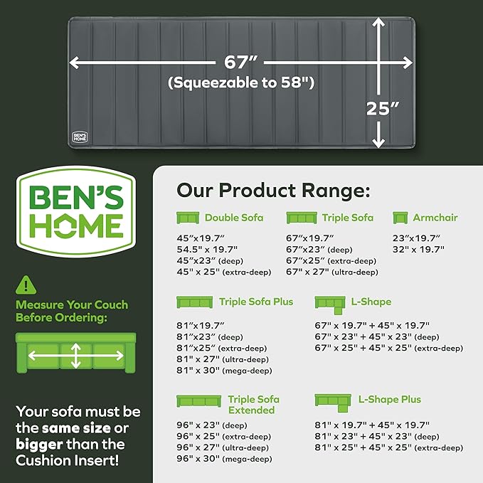 BEN'SHOME Heavy Duty Couch Cushion Support Board – Instantly Repair Sagging Deep Sofa Seat | 25" x 58"-67" | .5" Furniture Grade Wood Under Cushions Insert, Anti-Slip, Extend Sofas & Couches Life