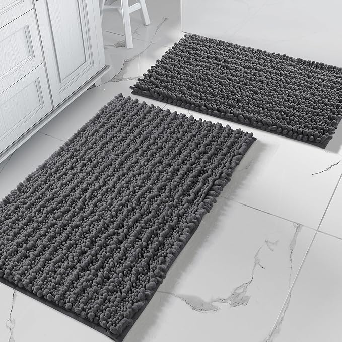 Yimobra Bathroom Rugs Sets 2 Piece - Quick Dry Extra Thick Luxury Chenille Bath Mat, Non Slip Super Absorbent for Tub Shower Sink, Machine Washable Shaggy Floor Mat, 32"x20"+24"x20" Inch, Dark Grey