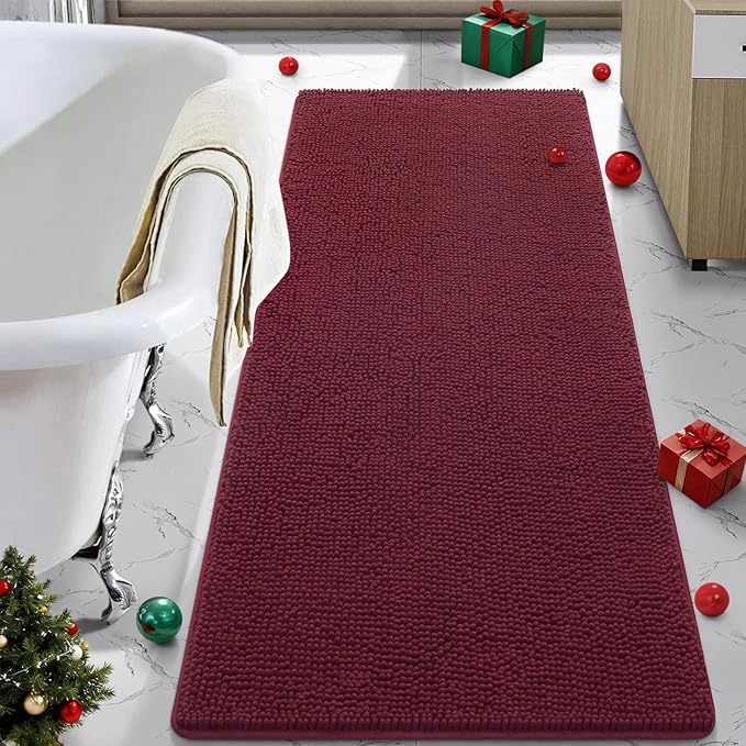 LOCHAS Luxury Bathroom Rug Shaggy Bath Mat 24 x 60 Inch, Washable Non Slip Bath Rugs for Bathroom Shower, Soft Plush Chenille Absorbent Carpets Mats, Burgundy