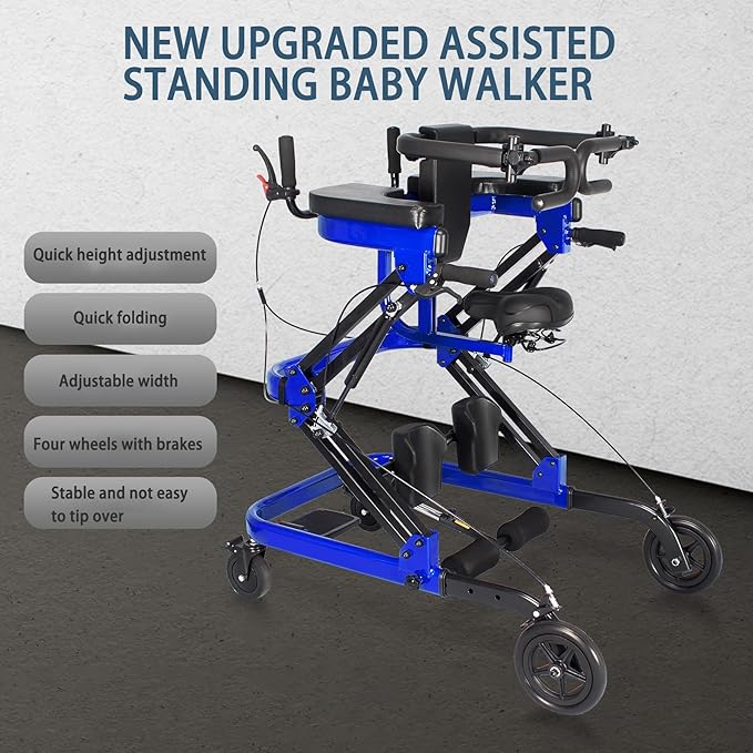 Rehabilitation Walker with Stand-Up Support, Height Adjustable 23-51 inches, 330 lbs Capacity, 4-Wheel Mobility Aid for Adults (Blue)