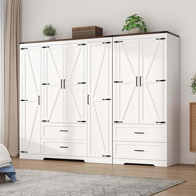 6 Doors Wardrobe Armoire Closet with Doors and Drawers, Farmhouse Wooden Armoire Storage Cabinet with Shelves for Bedroom, White
