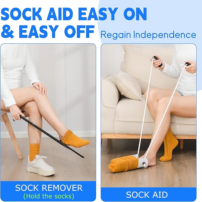 Sock Aids for Putting On Socks Kit - (Sock Helper + 35 Inch Dressing Stick with Sock Remover & Shoe Horn) - Flexible Sock Assistant Device for Seniors & Limited Mobility No Bending