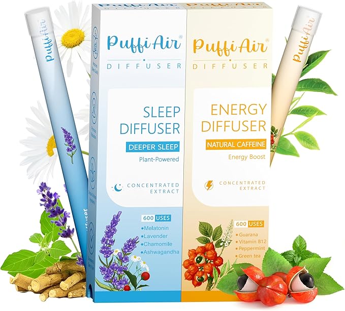 PUFFIAIR Energy to Ease Duo Herbal Diffuser Pen Set | Caffeine and Melatonin Inspired Blends | Blue Orange | 2 Count