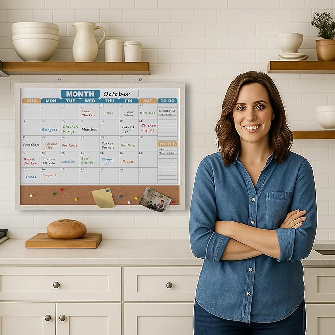 Monthly Calendar Dry Erase Board 24x18 Inch, Double-Sided Whiteboard and Corkboard Combo with White MDF Frame (Color Calendar), Wall Mounted Planner with Marker, Magnet, Push Pin, Eraser