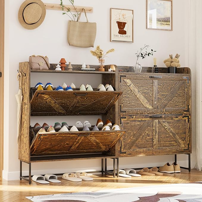 Narrow Shoe Storage Cabinet, Hidden Shoe Cabinet with 4 Wooden Legs,31.5" W Farmhouse Style Freestanding Shoe Rack, Rustic Brown Shoe Cabinet with 2 Flip Drawers for Entryway, Hallways
