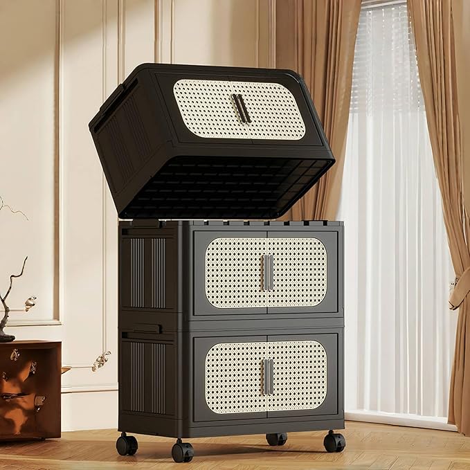 4 Tiers Folding Storage Cabinet,20" Side Wide Stackable Storage Bins with Doors and Wheels, Space Saving Plastic Cabinet for Living Room, Office, Dorm, Retro Black