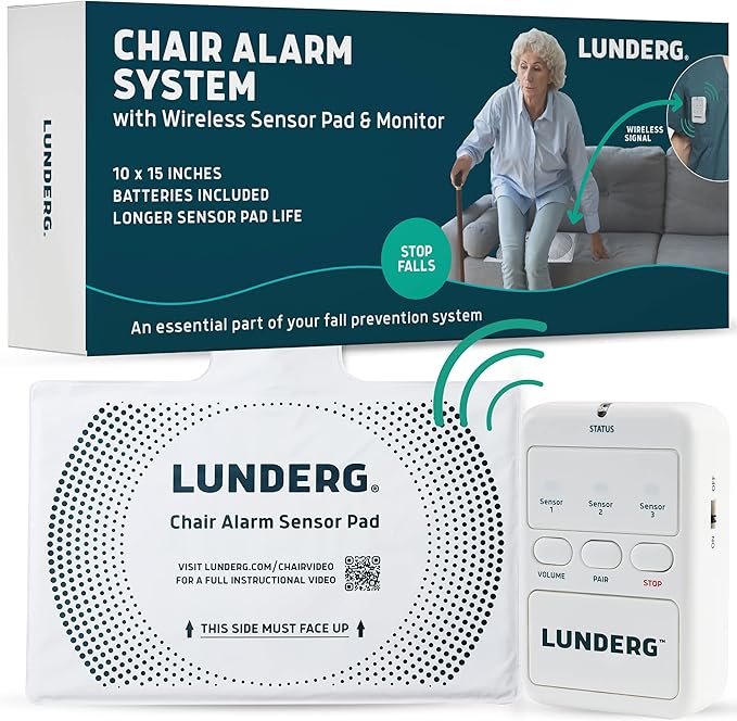 Lunderg Chair Alarm System - Wireless Chair Alarms and Fall Prevention for Elderly and Dementia Patients - Smart and Reliable Elderly Monitoring Kit for Caregiver - Perfect Complement to Bed Alarm