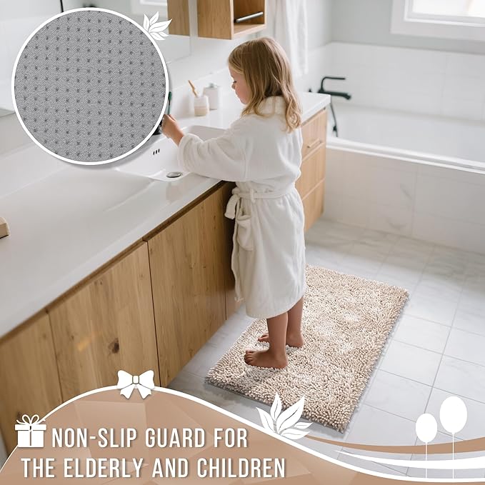 Yimobra Bathroom Rug Set 2 Piece, Luxury Shaggy Bath Mat Set with Non Slip Backing, Ultra Soft & Absorbent Mats for Bathroom Floor, Machine Washable, 31.5"x20"+24"x17", Khaki