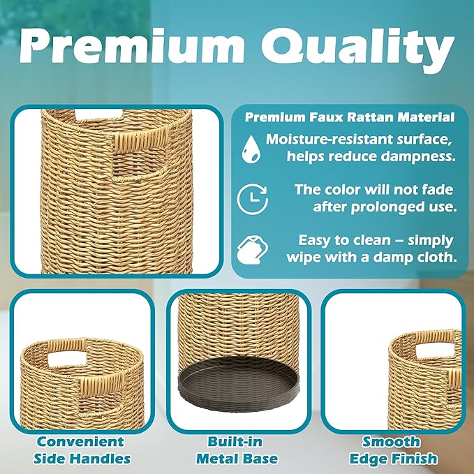 Rattan Umbrella Holder 20.8" H X 10" D,Handmade Wicker Umbrella Stand Indoor with Dip Tray,Sturdy Umbrella Holders for Entryway,Umbrella Bucket Fits Mudroom,Walking Canes,Home,Office (Oak)
