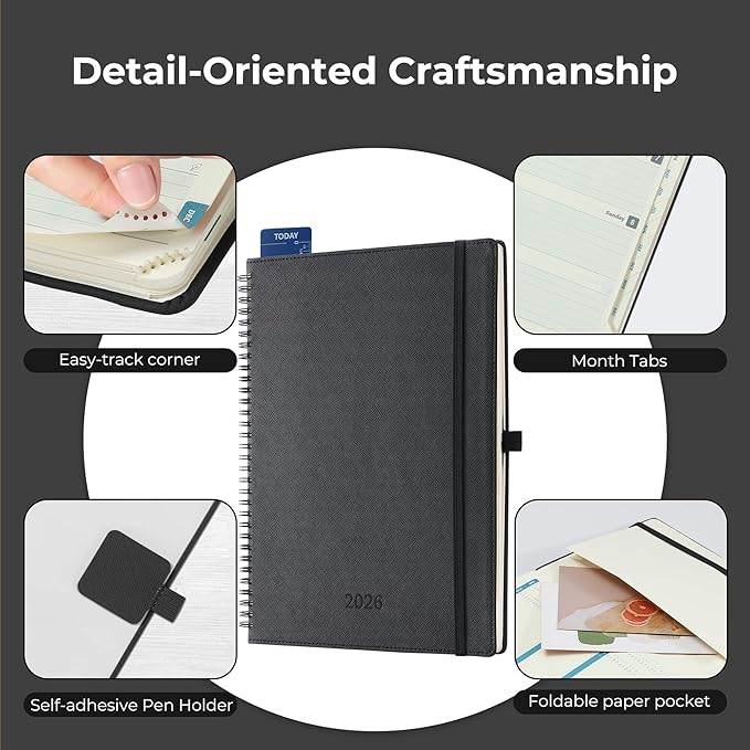 Planner 2026 Daily Weekly and Monthly,11.5"x8.5",12 Months Spiral Bound Calendar Agenda with Self-adhesive Pen Holder,2026 Appointment Book with Vegan Leather Soft Cover,Black