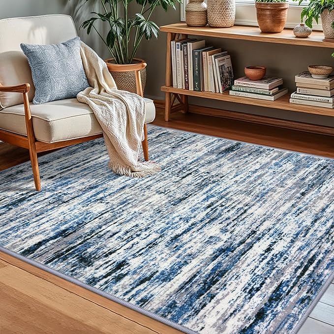 Modern Abstract Small Area Rug Indoor 3x5 Washable Rug Non-Slip Soft Entryway Rug Grey Blue White Kitchen Mats Thin Print Faux Wool Floor Carpet Throw Rugs for Entrance Bedroom Home Decor