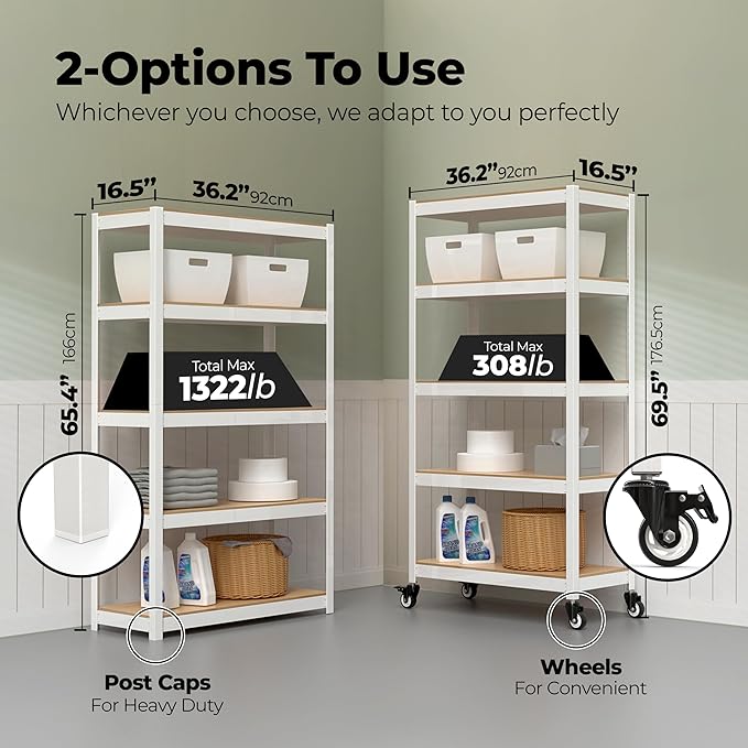 HOMEDANT House 5-Tier Metal Rolling Cart Shelf Rack Casters Heavy Duty Laminated Wheel Shelving Unit Adjustable Utility Storage Shelves Organizer Shelf Kitchen Garage (4, (M) 36.2" W, White)