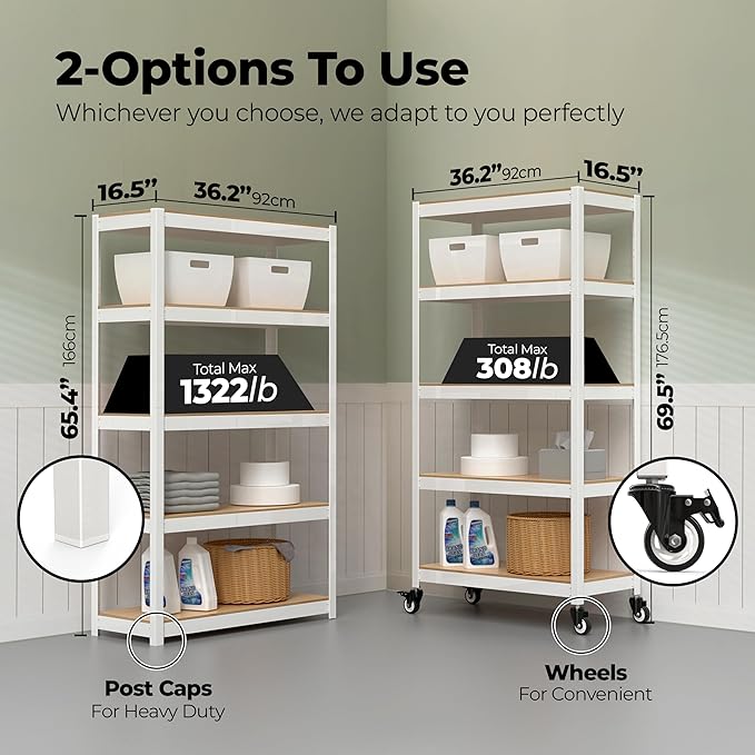 HOMEDANT House 5-Tier Metal Rolling Cart Shelf Rack Casters Heavy Duty Laminated Wheel Shelving Unit Adjustable Utility Storage Shelves Organizer Shelf Kitchen Garage (3, (M) 36.2" W, White)