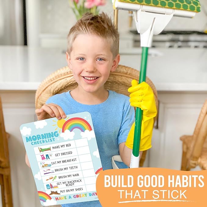 Magnetic Morning & Bedtime Routine Chart for Kids - Customizable Toddler Daily Schedule Board with Dry Erase Surface, Stickers & Marker, Build Habits with Visual Checklists, Colorful Theme