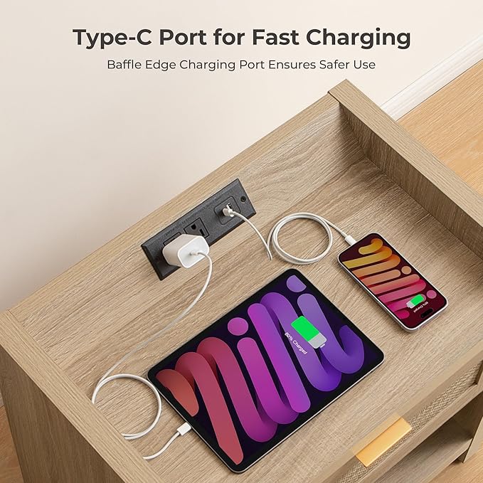 SICOTAS Rattan Nightstands Set of 2 Bedside Table - Boho Night Stand with Type-C Charging Station, Wicker Decor Drawer Storage End Table Night Stands for Bedroom - Light Oak